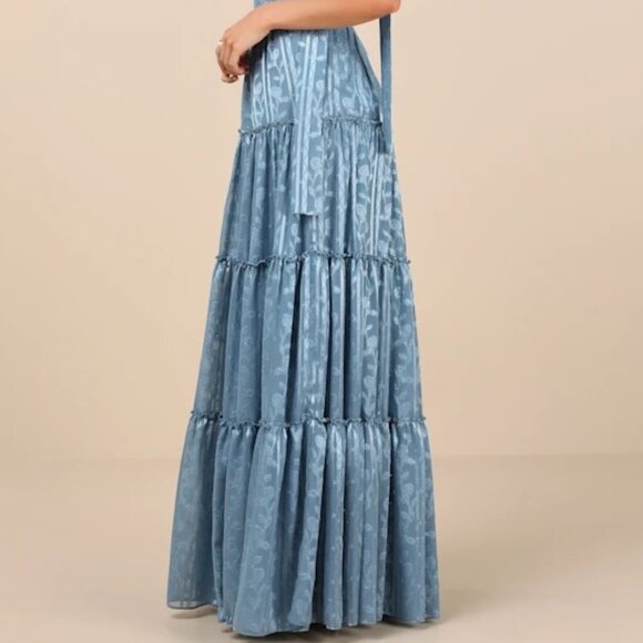 Lulus Picturesque Allure Slate Blue Jacquard Tie-Strap Maxi Dress - Picture 6 of 8